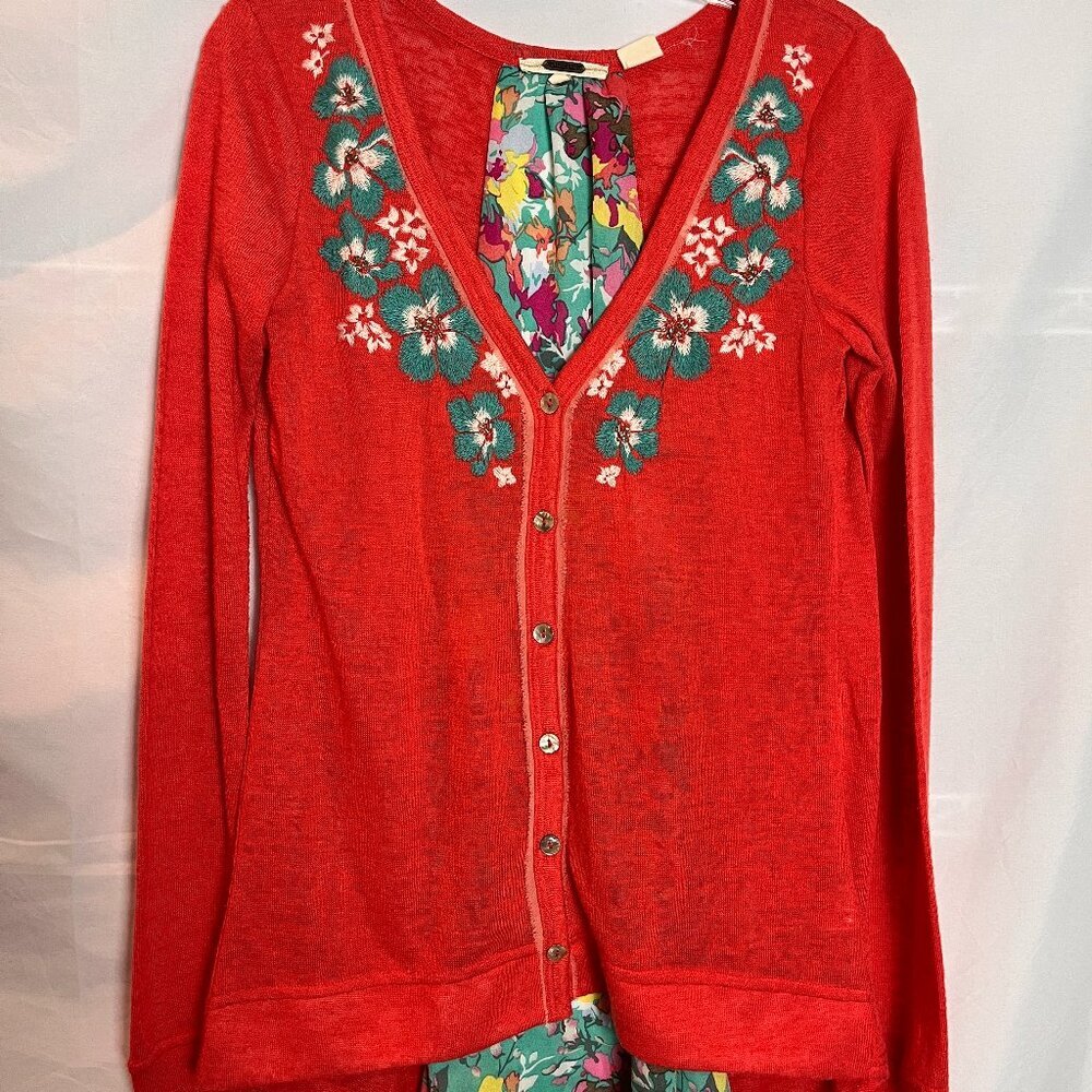 Women's orange/floral Miss Me Knit Cardigan, embroidered, Size M